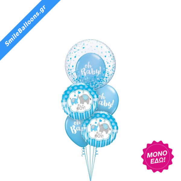 Μπουκέτο μπαλονιών "Baby Boy Elephants & Confetti" - Κωδικός: 9502005 - SmileStore