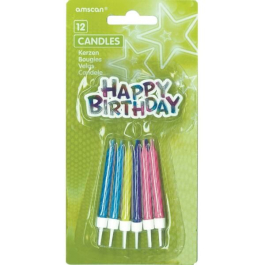 Κεριά με βάσεις "Πολύχρωμα & Happy Birthday επιγραφή" (12 τεμ.) - Κωδικός: M170701 - Amscan